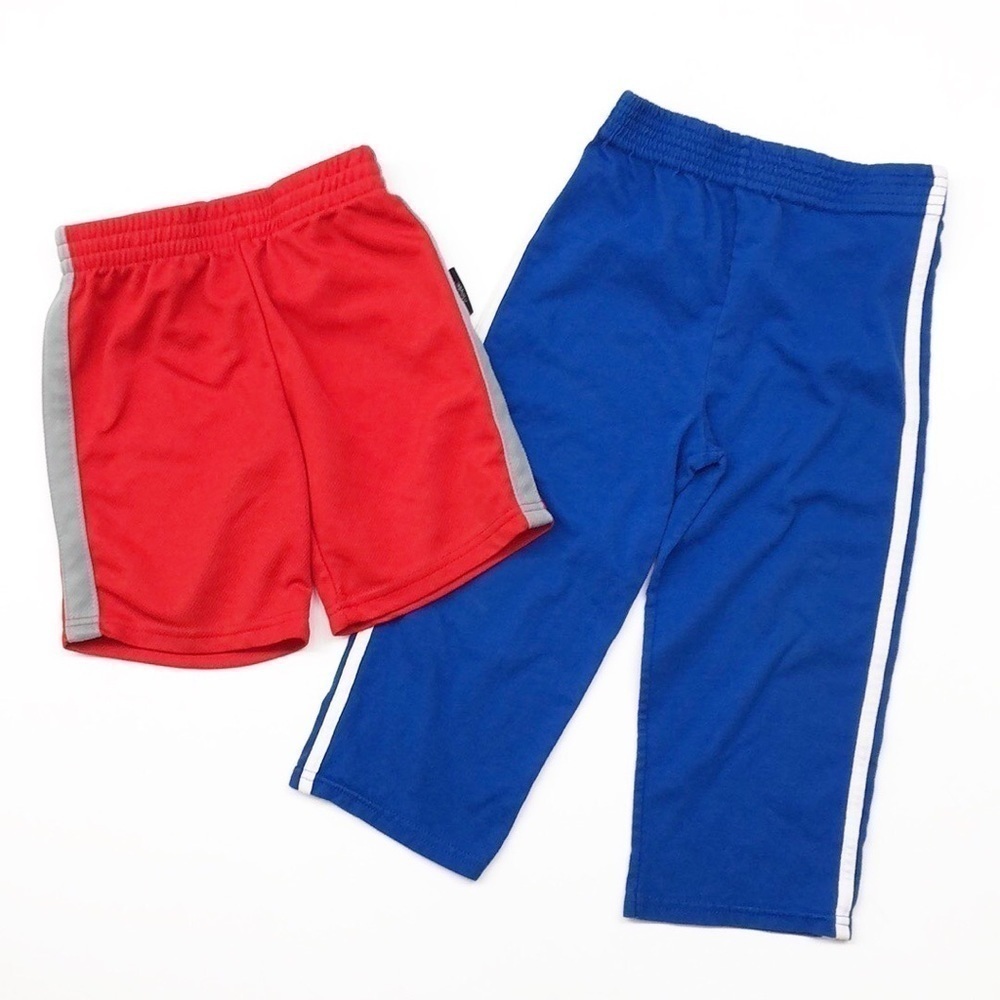 Disney toddler boys red mesh shorts + Garanimals blue track sweatpants set